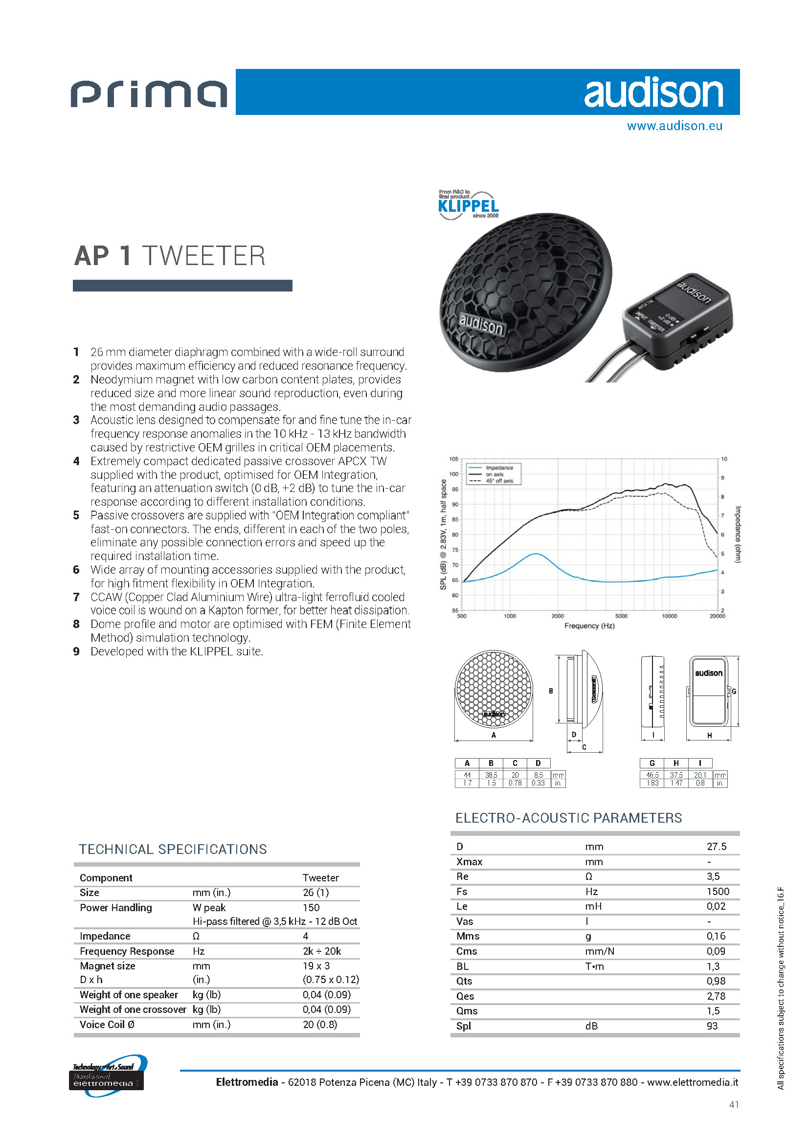 تویتر آدیسون Audison AP1 1 AUDISON Prima AP1 Tech Sheet