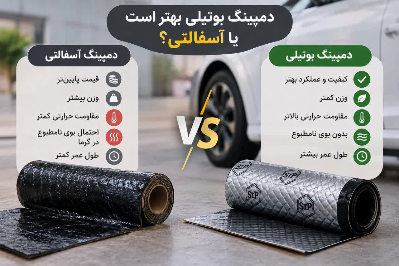 بهترین جنس دمپینگ خودرو؛ مقایسه ۴ نوع بوتیل، آسفالت، فوم و فویل 4 دمپینگ بوتیلی بهتر است یا آسفالتی؟